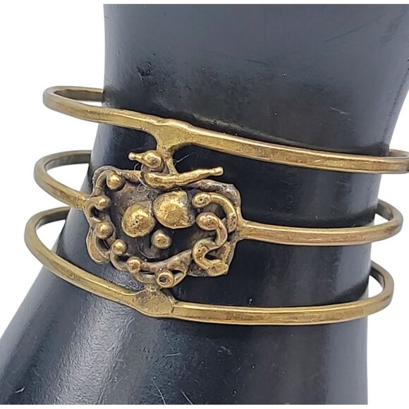 Brutalist Bird Cage Wide Open Cuff Bracelet Vintage 1970s Style Size 6 Gold Tone - Picture 2 of 11